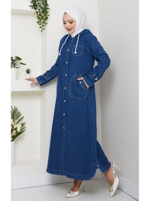 Cepli Düğmeli Kapüşonlu Denim Koyu Mavi Trençkot Cepli Düğmeli Kapüşonlu Denim Koyu Mavi Trençkot