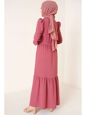 Yakası Büzgü Detaylı Ayrobin Elbise Gül Kurusu