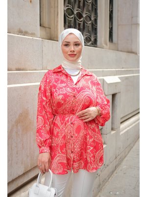 Kırmızı Desenli Saten Gömlek