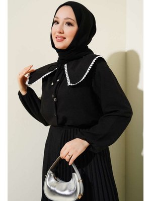 Siyah Denizci Yaka Güpürlü Gömlek Siyah Denizci Yaka Güpürlü Gömlek