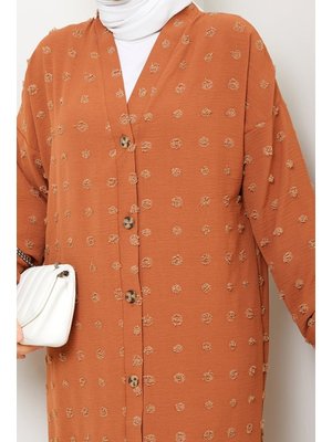 Kiremit V Yaka Ponpon Detaylı Düğmeli Kap