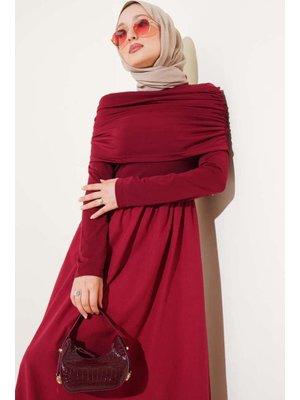 Bordo Çıkarılabilir Büzgü Detaylı Garnili Elbise
