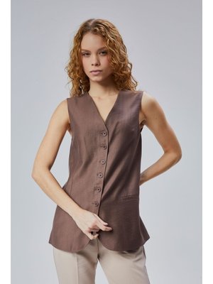 Kahverengi V Yaka Astarlı Düğmeli Keten Yelek