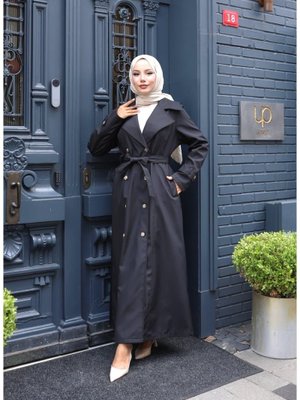 Kuşaklı Çift Düğmeli Astarlı Bondit Siyah Trençkot