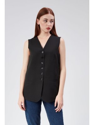 Siyah Düğmeli Regular Astarlı Dokuma Yelek