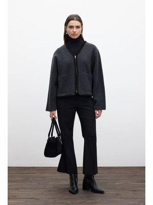 Kömür Düz Örgü Fermuarlı Triko Hırka Kömür Düz Örgü Fermuarlı Triko Hırka