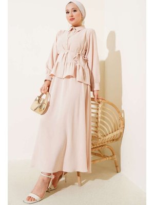 Bej Ayrobin İp Bağcıklı Etekli İkili Takım