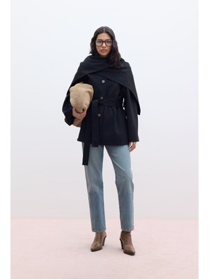 Siyah Şal Yakalı Kaşe Kaban