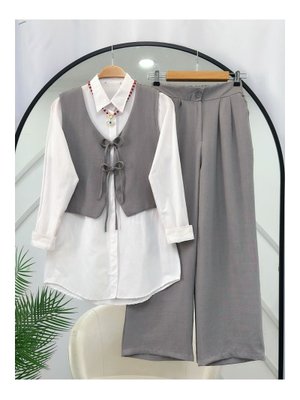 Gri Gömlek Yelek Pantolon Üçlü Takım Gri Gömlek Yelek Pantolon Üçlü Takım