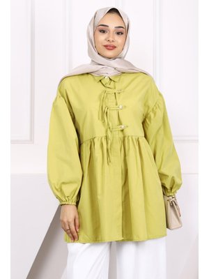 Yağ Yeşili Kol Lastikli Ön Düğmeli Tunik Yağ Yeşili Kol Lastikli Ön Düğmeli Tunik