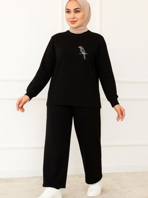 Siyah Şık Zarif Kuş Taş Detaylı Ve Bisiklet Yaka Tunik Pantolon İkili Takım Siyah Şık Zarif Kuş Taş Detaylı Ve Bisiklet Yaka Tunik Pantolon İkili Takım