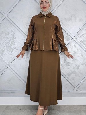 Kahverengi Büzgü Detaylı İkili Takım