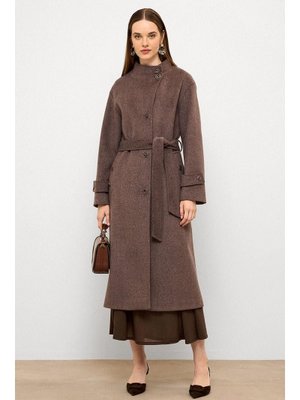 Latte Dik Yaka Oversize Uzun Kaban