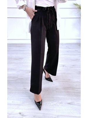 Siyah Dabıl Kemeri İp Detaylı Palazzo Pantolon