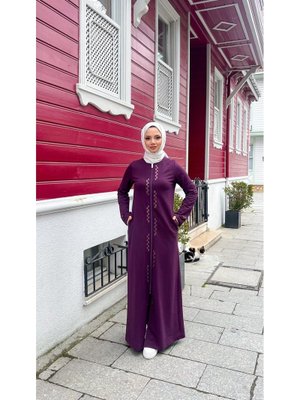 Mürdüm O Yaka Fermuarlı Yan Cepli Pamuklu Uzun Ferace