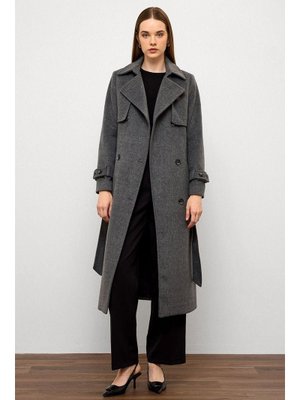 Koyu Gri Pelerin Detaylı Kruvaze Kaban