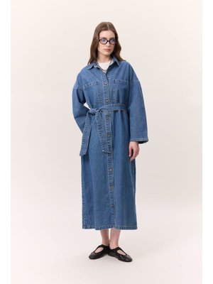Koyu Mavi Düğmeli Denım Gömlek Elbise Koyu Mavi Düğmeli Denım Gömlek Elbise