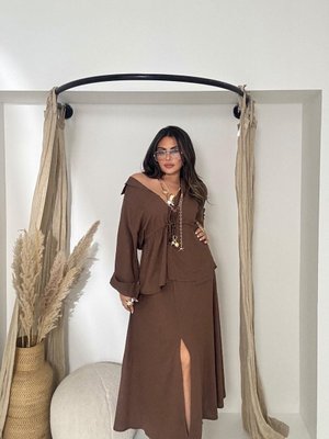 Kahve Uzun Keten Pamuk Yırtmaçlı Etek Kahve Uzun Keten Pamuk Yırtmaçlı Etek