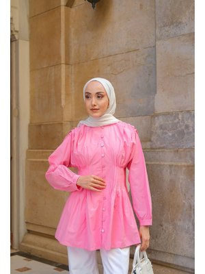 Pembe Beli Nervurlu Poplin Gömlek