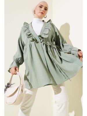 Fırfırlı Bağlamalı Kimono Çağla Yeşili