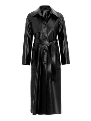 Siyah Gömlek Yaka Reglan Kol Pelerin Ve Torba Cep Detaylı Deri Trençkot