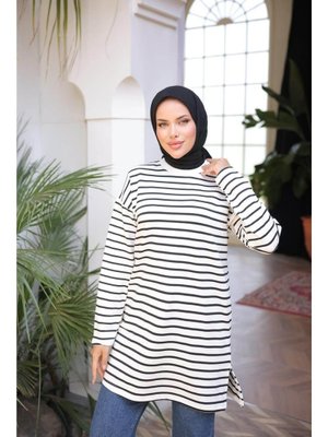 Siyah O Yaka Yatay Çizgili Uzun Kollu Kısa Yırtmaçlı Tunik 46) Siyah O Yaka Yatay Çizgili Uzun Kollu Kısa Yırtmaçlı Tunik 46)