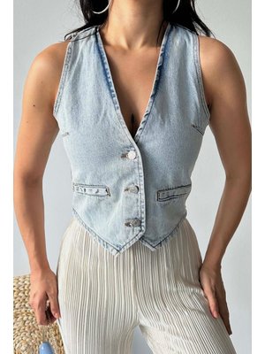 Buz Mavi Flotalı Kot Yelek