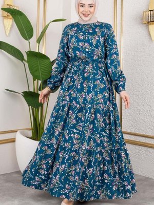 Petrol Asel Çiçekli Viskon Elbise Petrol Asel Çiçekli Viskon Elbise