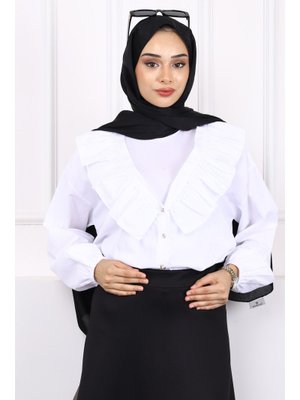 Ekru Yaka Fırfırlı Düğmeli Gömlek Ekru Yaka Fırfırlı Düğmeli Gömlek