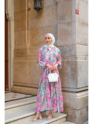 Fuşya Şakayık Desenli Elbise Fuşya Şakayık Desenli Elbise