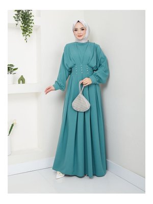 Turkuaz Balon Kol Pileli Taşlı Elbise