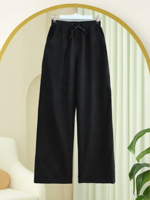 Siyah Beli Lastikli Bağcık Detaylı Cepli Bol Paça Tensel Pantolon