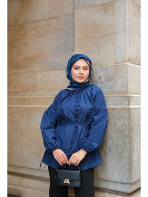 Lacivert Brit Düğme Detaylı Gömlek