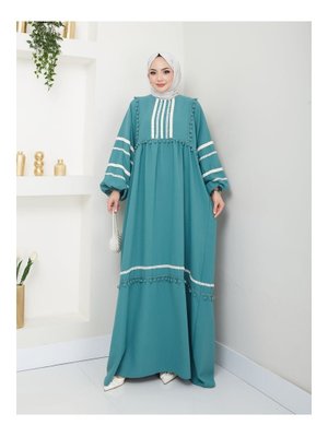 Turkuaz Şerit İşlemeli Geniş Elbise