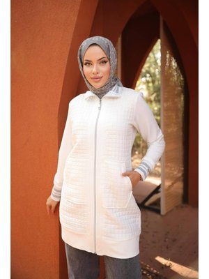 Krem Fermuarlı Yandan Cepli Kapitone Kap 46)