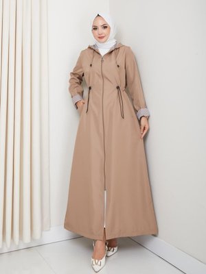 Kapüşonlu Çizgi Detaylı Vizon Bondit Kap