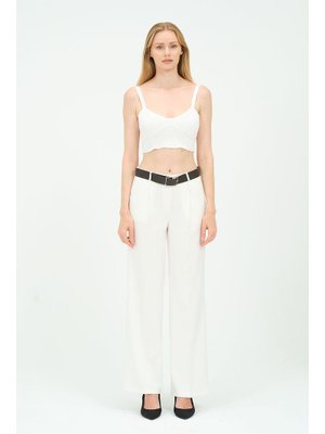 Ekru Geniş Paça Kemerli Dokuma Pantolon