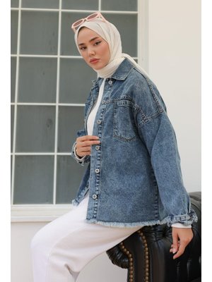 Koyu Mavi Çift Cepli Püskül Detay Kot Ceket