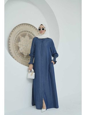 Koyu Mavi Tensel Kolları Gippe Lastikli Ferace Koyu Mavi Tensel Kolları Gippe Lastikli Ferace