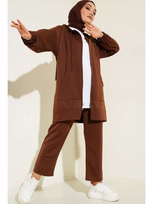 Kahverengi Kapüşonlu Fermuarlı İkili Takım Kahverengi Kapüşonlu Fermuarlı İkili Takım