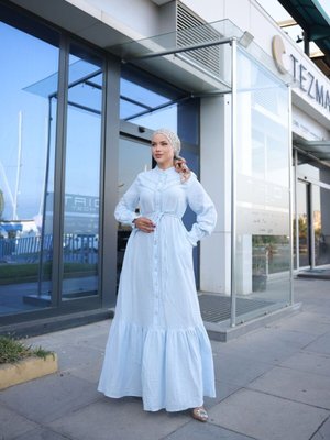 Mavi Eteği Fırfırlı Dantelli Müslin Elbise