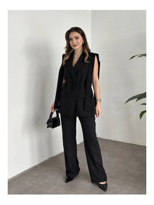 Siyah İp Bağlamalı Yelekli Takım Siyah İp Bağlamalı Yelekli Takım