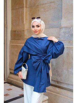 Lacivert Omuz Bağlamalı Poplin Gömlek