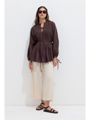 Kahverengi Nervür Detaylı Vual Tunik