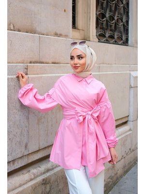 Pembe Omuz Bağlamalı Poplin Gömlek