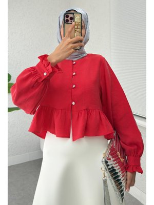Kırmızı Eteği Fırfırlı Gömlek