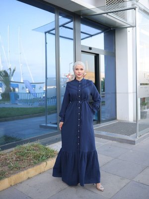 Lacivert Eteği Fırfırlı Dantelli Müslin Elbise