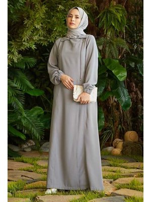 Gri Krep Yan Fermuarlı Ferace