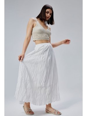 Beyaz Krinkıl Beli Lastikli Vual Etek