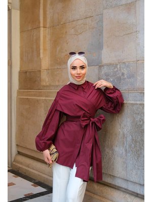 Bordo Omuz Bağlamalı Poplin Gömlek